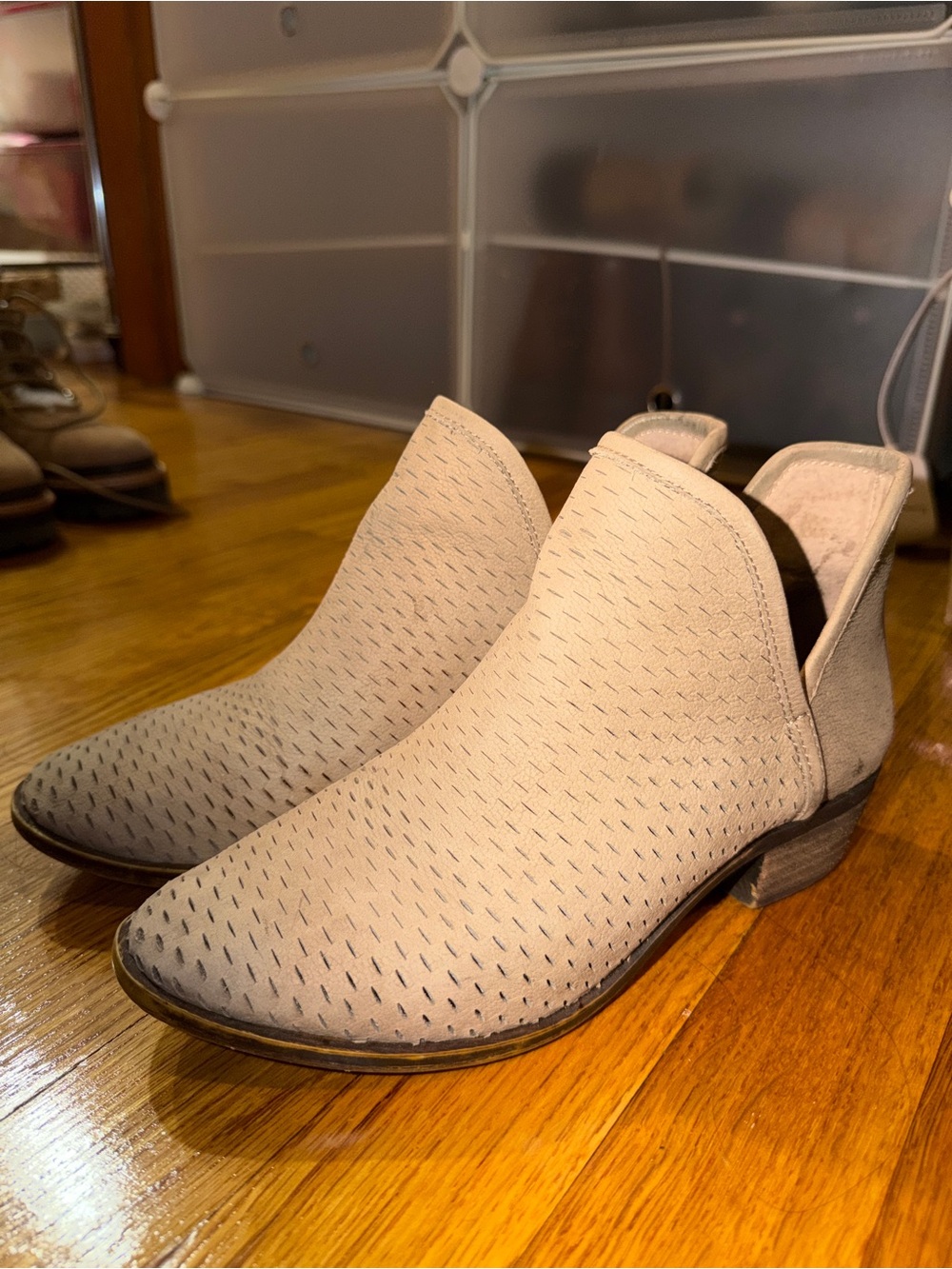 Lucky Brand Beige Suede Perforated Cutout Ankle Booties